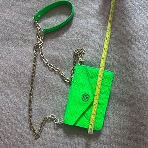 Tory Burch Neon Green Snake-Embossed Shoulder Bag with Gold Chain